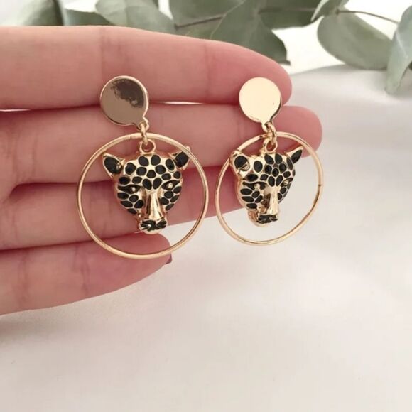 Gold Leopard Drop Dangle Hoop Earrings - Picture 2 of 5